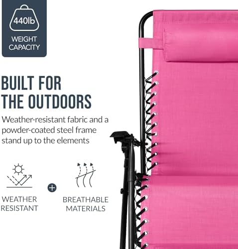Best Choice Products Set of 2 Extra Wide Adjustable Steel Mesh Zero Gravity Lounge Chair Recliners w/Pillows and Cup Holder Trays - Hot Pink