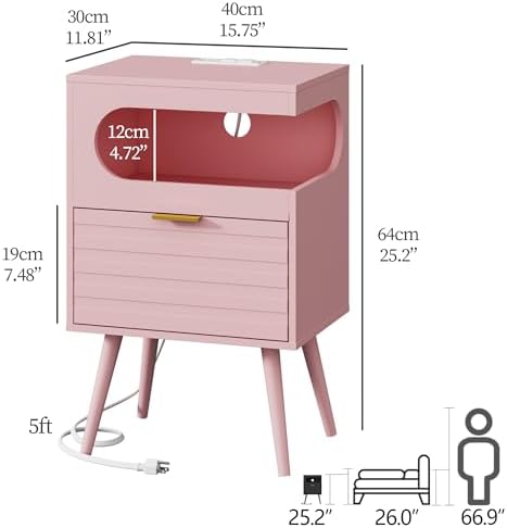 Veegle Nightstand,Modern Bedside Table with Storage Drawer and Open Wood Shelf, Accent Night Stand with Solid Wood Legs for Living Room, Bedroom and Small Spaces,Easy Assembly (Pink-1)