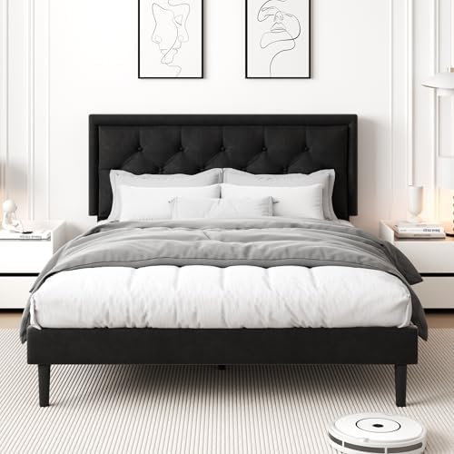 CXVX Queen Size Platform Bed Frame with Upholstered Velvet Button Tufted Headboard, Mattress Foundation with Wooden Slat Support, No Box Spring Needed, Easy Assembly, Noise Free, Black