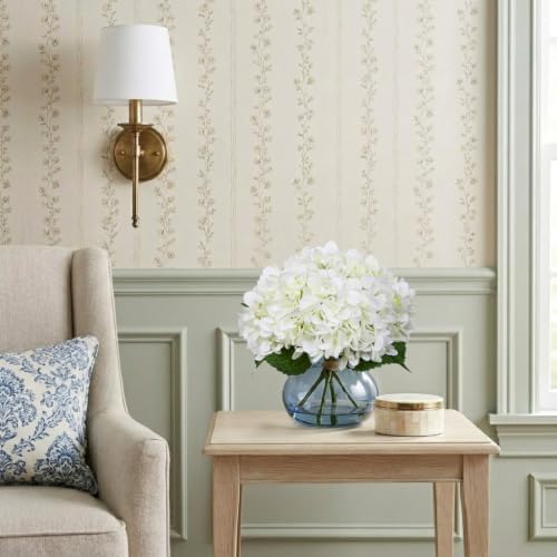 Hollyone White Hydrangea Artificial Flowers with Glass Vase Silk Faux Flowers Arrangements with Faux Water in Blue Vase Fake Floral Bulk Bouquet for Home Decor Table Centerpiece Decorations