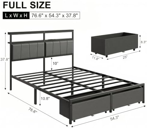 Full Bed Frame with Storage Drawers and Charging Station, Grey