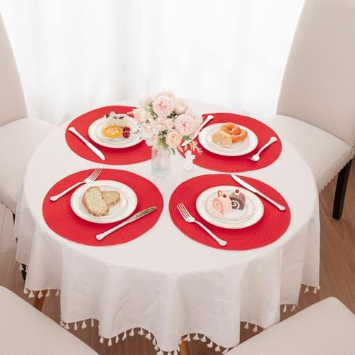 SHACOS 15" Red Round Braided Placemats Set of 6 Washable Fabric Place Mats