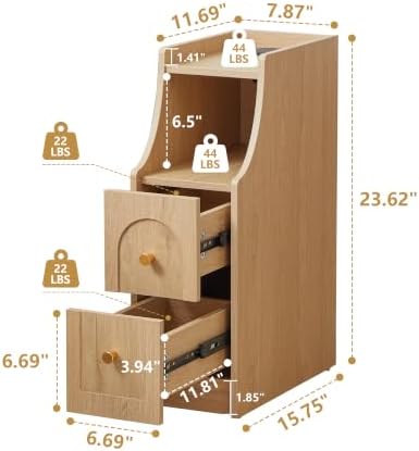 Ultra Narrow Nightstand Set of 2, Slim Bedside Table with Charging Station, 2 Drawers & Open Shelf, Mid-Century Modern End Table with Fenced Top for Living Room Bedroom (Natural, 2)
