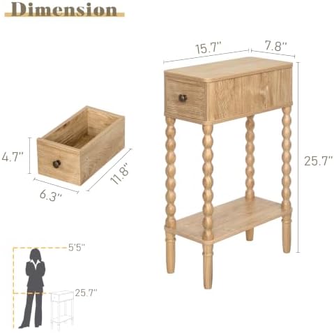 Fultyle Narrow End Table, Slim Small Side Table with Drawer and Open Shelf
