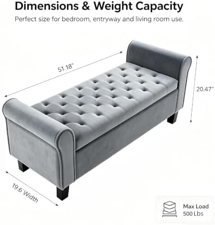 51 Inch Grey Velvet Storage Ottoman Bench with Rolled Armrests