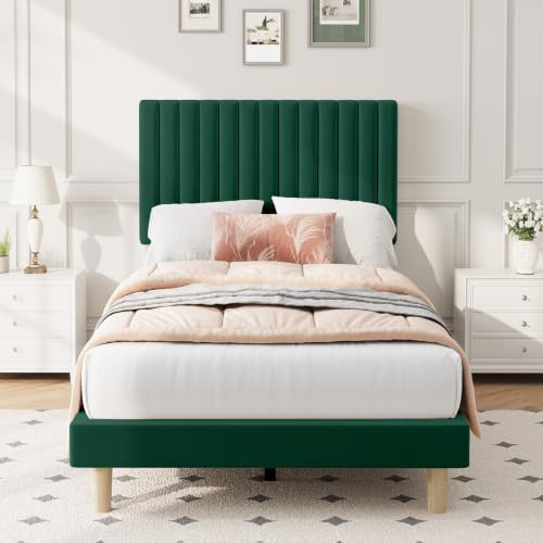 GAOMON Twin Bed Frame with Adjustable Headboard, Velvet Upholstered Platform Twin Size Bed Frame, Vertical Channel Tufted, Strong Wooden Slats, No Box Spring Needed, Easy Assembly, Green