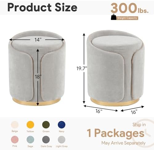 Swivel Vanity Stool with Gold Base Comfy Vanity Chair Modern Round Stool for Makeup Vanity Ottoman Foot Rest for Bedroom livingroom (Light Gray)