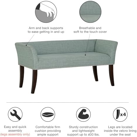 Madison Park Accent Bench for Living Room, Upholstered with Nailhead Trim, & Padded Seat Entryway Bench Small, End of Bed Bench with Back, 49.5" W x 19.25" D x 23" H, Light Blue