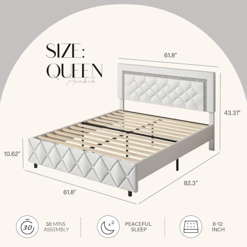 HOMBCK Queen Bed Frame with Headboard, Diamond Tufted Design, White