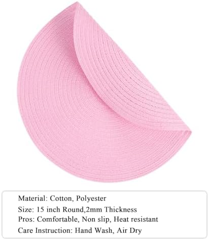 SHACOS Pink 15 inch Round Braided Placemats Set of 4 Washable Non Slip