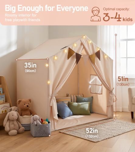 Little Dove Kids Play Tent with Star Lights & 2 Windows, Large Reading Nook & Playhouse for Indoor & Outdoor Use, Play Tent for Boys & Girls, Birthday, 52"x35"x51", Cream
