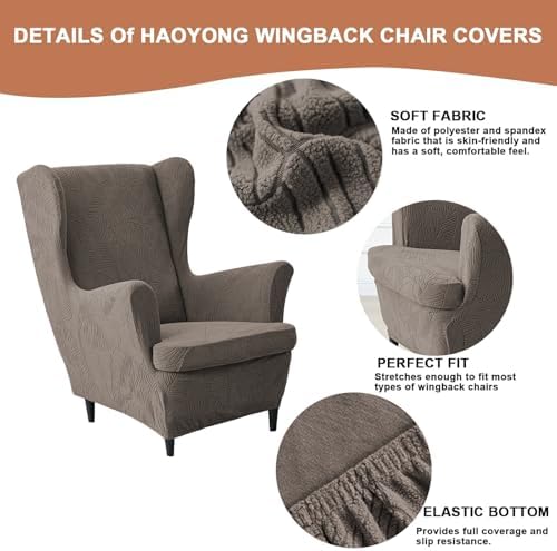 HAOYONG 2 Piece Wingback Chair Covers Stretch Wing Chair Slipcover Jacquard Wing Back Chair Covers with Arms Washable Spandex Fabric Armchair Cover Protection Furniture for Living Room and Bedroom