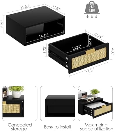 Aienvey Floating Nightstand, Floating Shelf with Drawer, Black Rattan