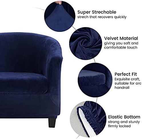 MIFXIN 2 Piece Velvet Tub Chair Covers with Cushion Cover Stretch Soft Removable Club Chair Slipcovers Armchair Sofa Couch Furniture Protector for Living Room Bar Counter Hotel (Dark Blue)