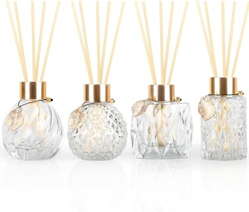 4-Piece Reed Diffuser Set with Metal Golden Decoration, 3.5-4.2oz Empty Bottles and 20 Reed Sticks, Unique Design for Home and Office (4 Different Bottles)