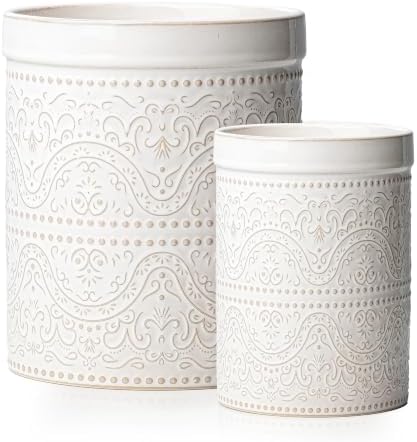 Kitchen Utensil Holder Set of 2, 7"+5.2" Inches Large Ceramic Utensil Holder for Countertop, Lace Emboss Cooking Utensil Crocks for Kitchen, Home Decor, Off-White