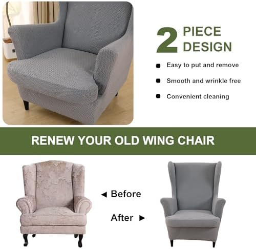 HAOYONG Jacquard Wingback Chair Cover Thickening Armchair Covers 2 Pieces Wingback Chair Slipcover Stretch Chair Slipcovers Removable Non-Slip Armchair Protector Cover with Elastic Bottom