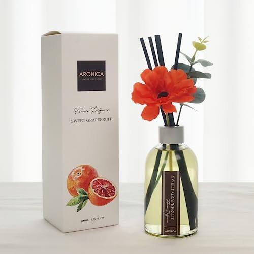 Aronica Grapefruit Reed Diffuser, Room Scent Diffuser with Red Flower, Difusor De Varillas, Aesthetic Room Decor, Apartment House Bathroom Essentials, Air Fresheners for Home Long Lasting