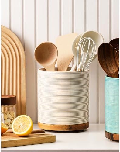 Utensil Holder, 360° Rotating Extra Large Ceramic Kitchen Utensil Holder for Countertop, 7.3“ Cooking Utensil Crocks for Kitchen Counter with Rotatable Wooden Base, Farmhouse Decor, Arctic White
