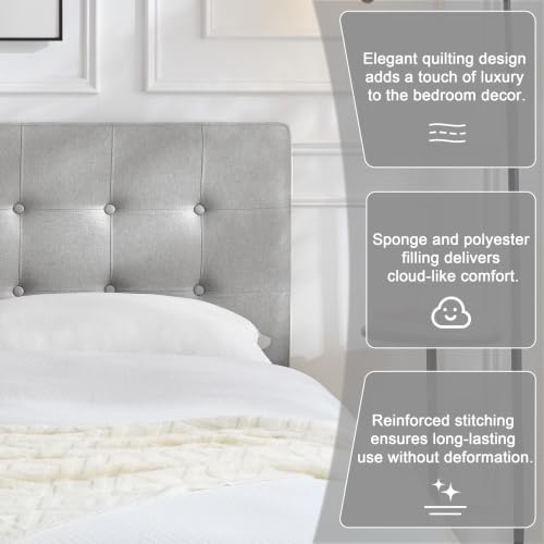 Linen Tufted Headboard Full Size, Solid Wood Full Headboard Only, Grey