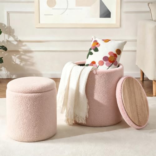 YYW HOME Sherpa Round Ottoman with Storage Set of 2 Pink