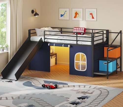 Twin Low Loft Bed with Slide and Safety Staircase, 2 Storage Drawers, Kids Twin Size Loft Bed with LED Lights, Under-Bed Play Tent, Built-in Desk, Metal Loft Bed with Safety Guardrail, Black and Blue