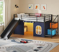 Twin Low Loft Bed with Slide and Safety Staircase, 2 Storage Drawers, Kids Twin Size Loft Bed with LED Lights, Under-Bed Play Tent, Built-in Desk, Metal Loft Bed with Safety Guardrail, Black and Blue