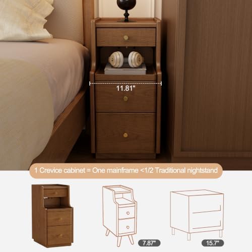 AQIMUELE Solid Wood Narrow Nightstand with 3 Drawers,Dark Brown 11.8"