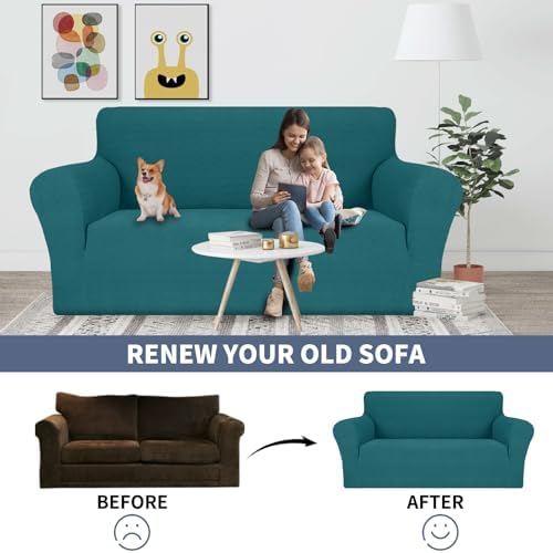 JIVINER Stretch Loveseat Slipcovers 1 Piece Love Seat Sofa Cover Spandex 2 Seater Couch Covers Universal Furniture Protector with Elastic Bottom (Medium, Teal Rhomb)