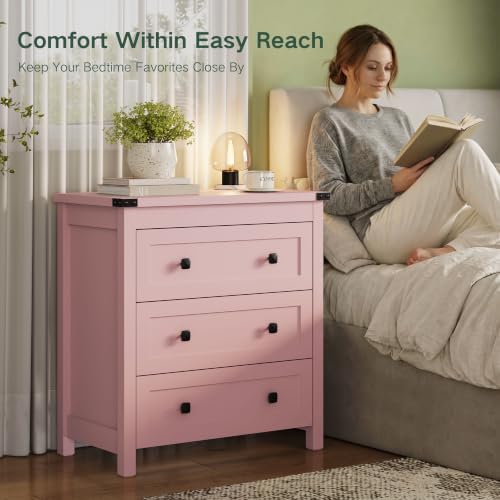 Farmhouse Nightstand with 3 Drawers, Wood Bedside Table, Pink