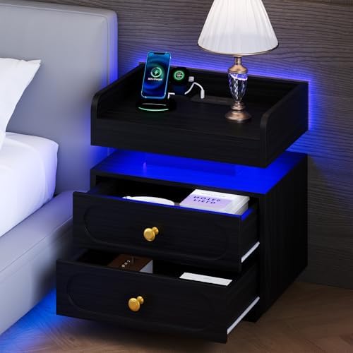 4ever2buy Black Nightstand Set of 2 with Charging Station and LED Lights