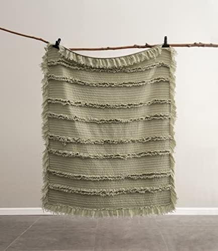 Ultra Soft Pre-Washed Quilted Throw Blanket, Ruffle Fringed Army Green Decorative Throw, Stone Washed Chic Rustic Blanket for Sofa Couch Bed, 50"x 60"
