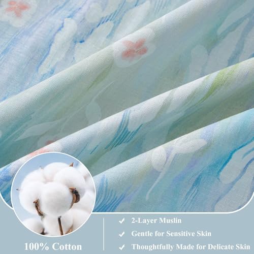 100% Cotton Blue Floral 2 Layer Muslin Duvet Cover Queen Size with 2 Pillowcases,Aesthetics All Season Gauze Comforter Cover for Women,Soft Breathable Duvet Covers Queen 90"×90"