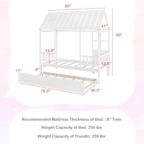 GIANTEX Twin House Bed with Trundle Bed Twin, Wooden Montessori Bed Frame with Roof & Safety Guardrail for Kids, Teens, Boys or Girls, No Box Spring Needed (White)