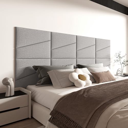 Peel and Stick Headboard for Queen Bed Linen Fabric Upholstered Wall Mounted Headboard - Wall Padding Panel in Light Grey for Bedroom/Living Room/Dorm (6 Panels)