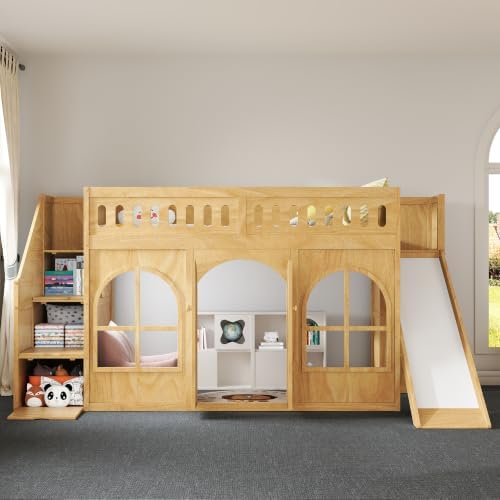 LUMISOL Twin Size Wood Loft Bed with Slide and Storage Staircase, Solid Wood Playhouse Loft Bed with Wardrobe and Window, Natural