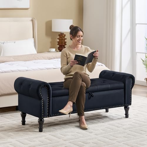 Storage Bench for Bedroom, 51" Upholstered End of Bed Bench, Velvet Queen Size Benches with Rolled Arms, Tufted Button Storage Long Ottoman, Living Room, Entryway, Black