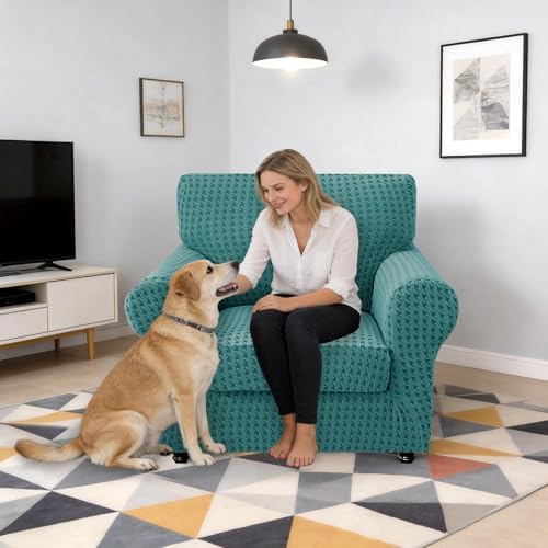 MAXIJIN 2 Pieces Stretch Chair Cover Armchair Covers for Living Room Thick Soft Chair Slipcovers with Arms Dogs Pet Single Sofa Couch Protector with Elastic Bottom (Peacock Blue, 31"-46")