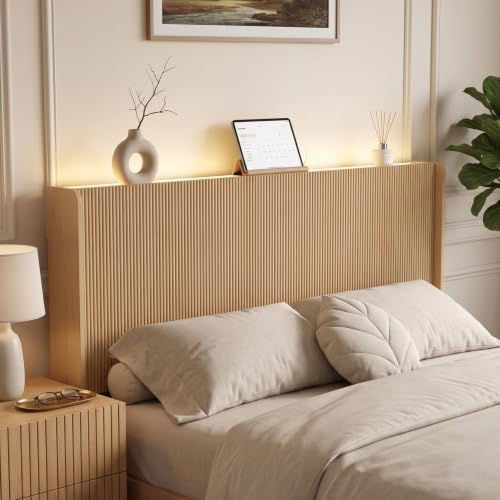 Queen Size Headboard Only, 65" Boho Wood Headboard Modern Fluted with Charging Stations & LED Lights, Wall-Mounted Bed Headboards for Bedroom, Natural