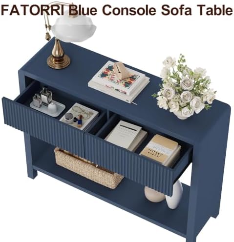 FATORRI Console Entryway Table with 2 Wood Fluted Drawers, 39.37" Blue