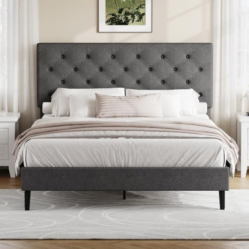 Lullabyre Full Bed Frame with Headboard, Upholstered Platform Bed, Grey