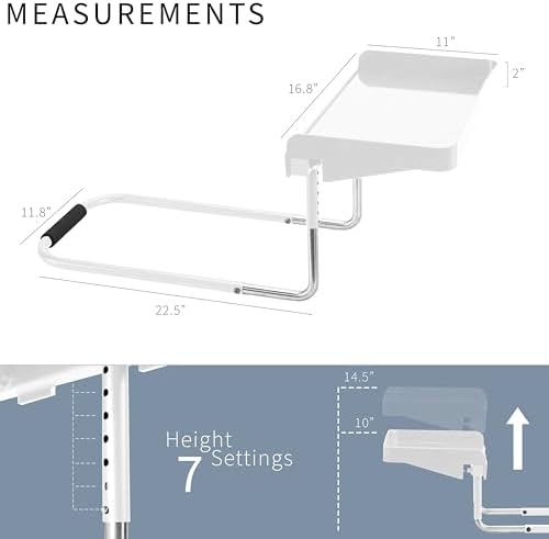 Height Adjustable Under Mattress 17 inch Bedside Shelf, Works with Lofts and Beds Without Frames, Heavy Duty Storage Tray, Fits Laptops, Books, and Drinks, Nightstand Alternative, White