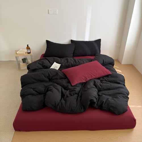 3Pcs Retro Black Stripes Textured Duvet Cover Set King Size, Zipper & Ties