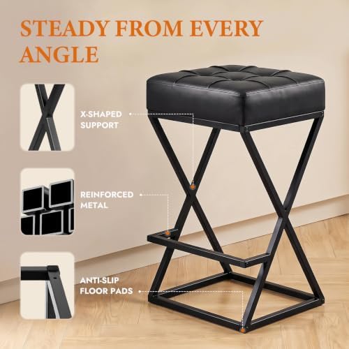 Bar Stools Set of 3, 26 Inch Counter Height Stool Faux Leather Black