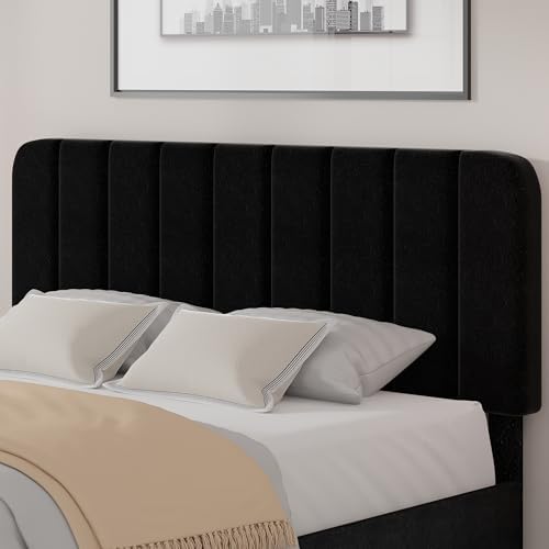 VECELO Queen Size Bed Frame with Upholstered Headboard, Velvet Platform Bedframe Mattress Foundation, Strong Wood Slat Support, No Box Spring Needed,Black
