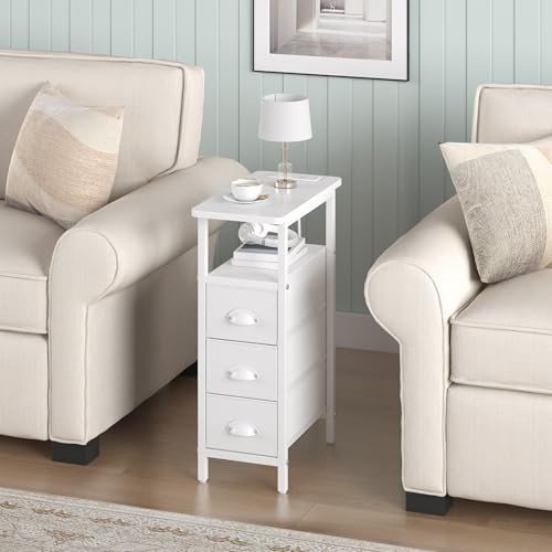 Sthmec End Table with Charging Station,Narrow Side Tables with USB Ports and Outlets,Skinny Bedside Tables with 3 Drawers,Small Tables Nightstands for Small Space,Slim Sofa Table for Livingroom, White