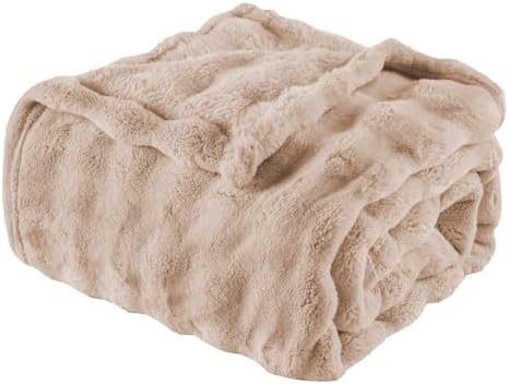 Brown Faux Fur Throw Blanket for Couch, Soft Fluffy Bubble Blanket for Bed Sofa, Thick Warm Plush Fuzzy Rabbit Fur Blanket for Neutral Home Decor, 50"X 60"
