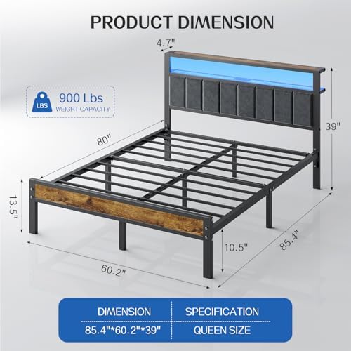 Liians Queen Size Bed Frame with 2-Tier Storage Shelf Headboard, LED Lights
