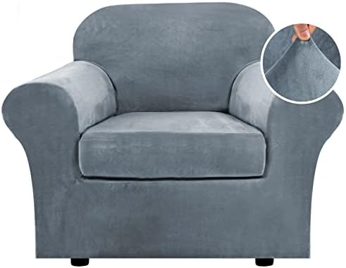 H.VERSAILTEX Rich Velvet Stretch 2 Piece Cover Chair Slipcover Sofa Cover Furniture Protector Couch Soft with Elastic Bottom Chair Couch Cover with Arms Width Up to 49 Inch(Chair, Stormy Blue)