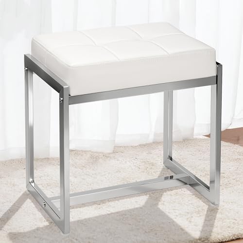 Vanity Stool Chair, Modern PU Leather Ottoman Foot Rest White&Silver